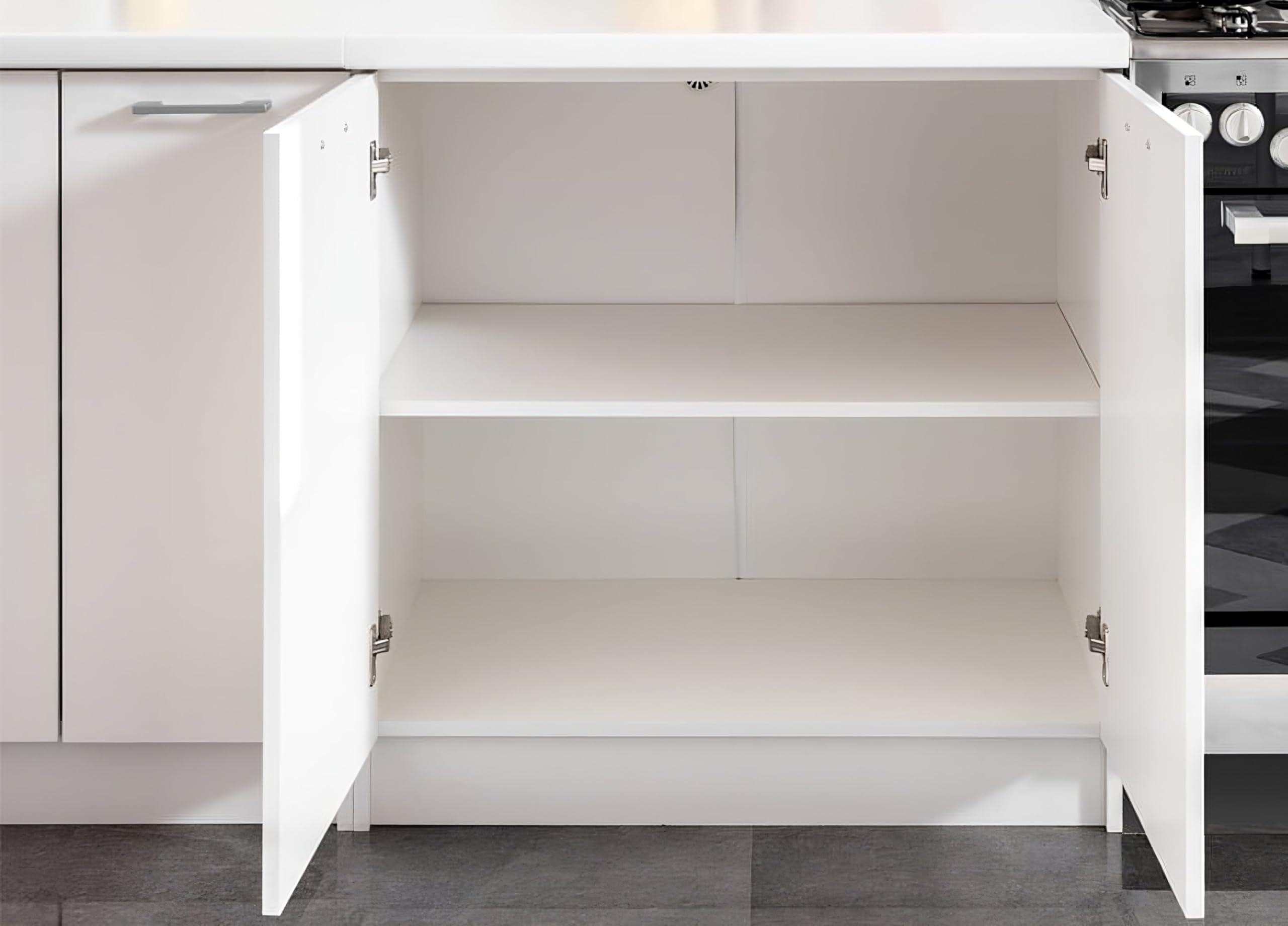 Moderne Küchenzeile ohne Elektrogeräte in Weiß Hochglanz - Einbauküche mit viel Stauraum - Erweiterbares 2,4-m-Set inkl. Arbeitsplatten in Weiß - 240 x 82 x 46 cm (B/H/T)