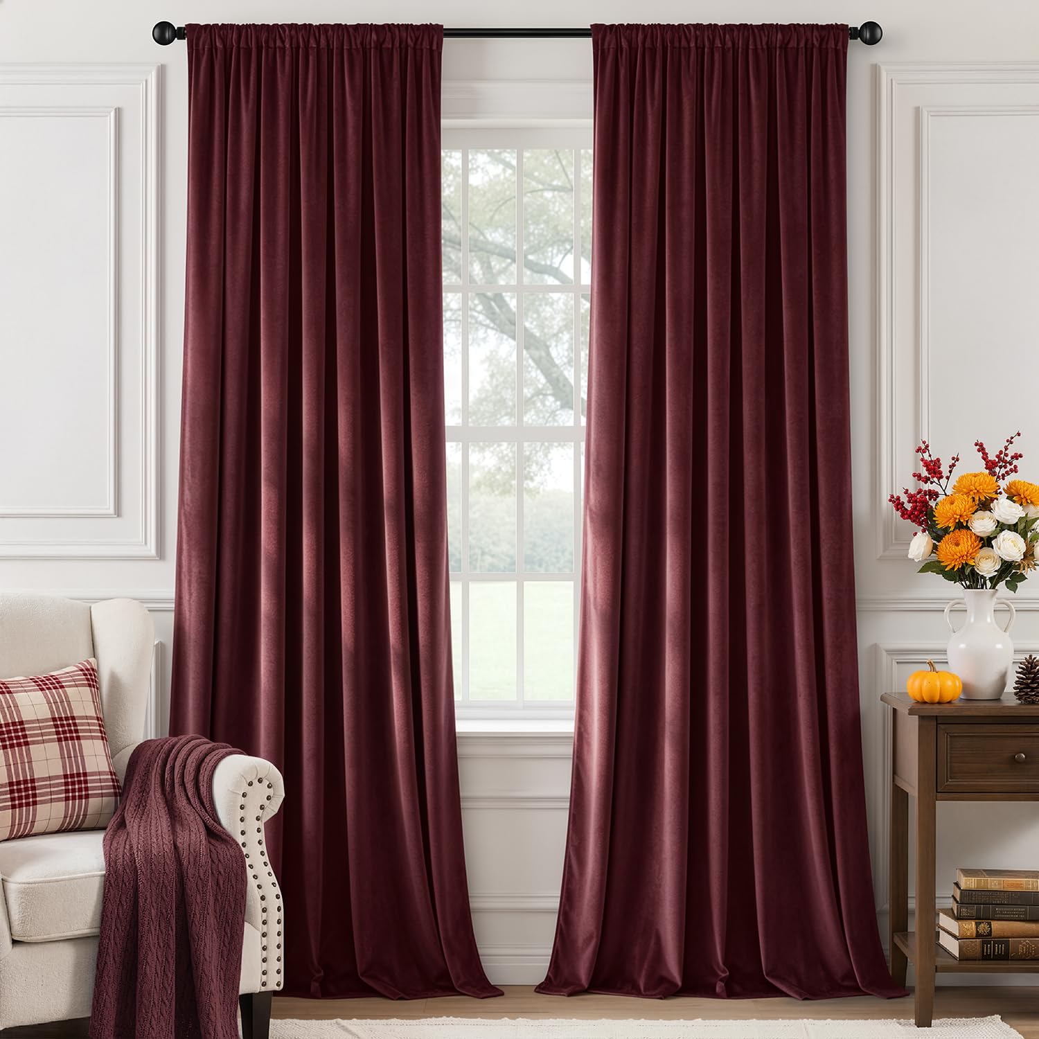 MIULEE Ruby Red Blackout Velvet Curtains Drapes 108 Inch Long 52"x108"