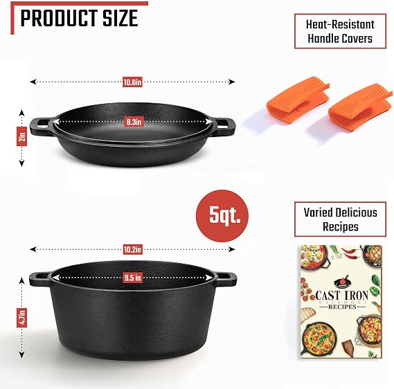 Overmont 5QT Double Dutch Oven for Bread Baking, 2-in-1 Pre-Seasoned Cast Iron Pot with Skillet Lid for Sourdough, Frying, Camping & Outdoor Cooking