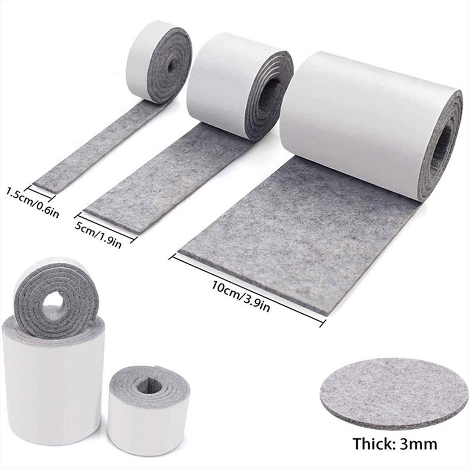 Juego de 5 rollos de fieltro autoadhesivos para superficies duras, tiras de fieltro resistentes, color gris claro