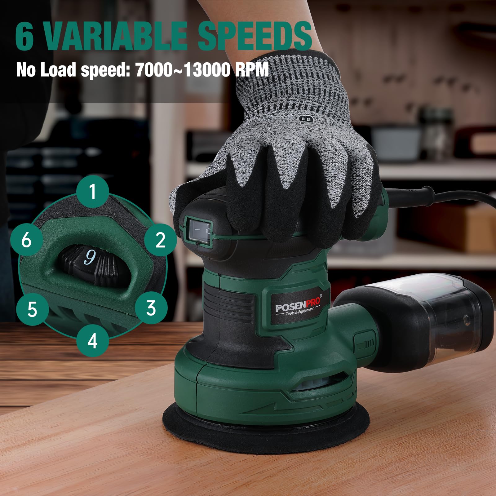 POSENPRO Ponceuse Excentrique 300W, Ponceuse Orbitale Aléatoire Ø125mm, 6 Vitesses Variables, 7,000 à 13,000 Orb/min, 20Pcs Disque Abrasif, Ponceuse Bois avec Collecte de Poussière pour le Polissage