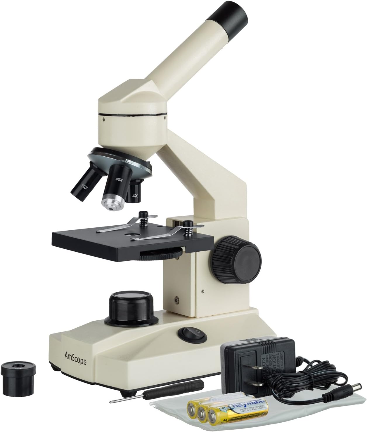 AmScope Optical Glass Lens All-Metal LED Compound Microscope, 6 Settings 40x-1000x, Portable AC or Battery Power