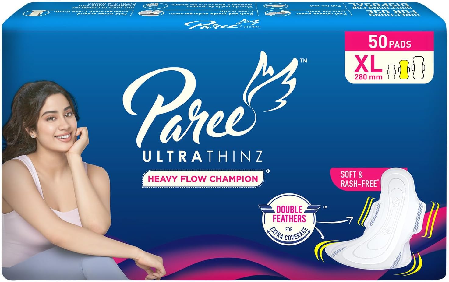 Paree Ultra Thinz XL 50 Soft Pads | 2X Advanced Absorption | Soft & Rash-Free Comfort | 4 Wings for Extra Coverage | Heavy Flow Champion Sanitary Pads for Women | Disposable Wrapper