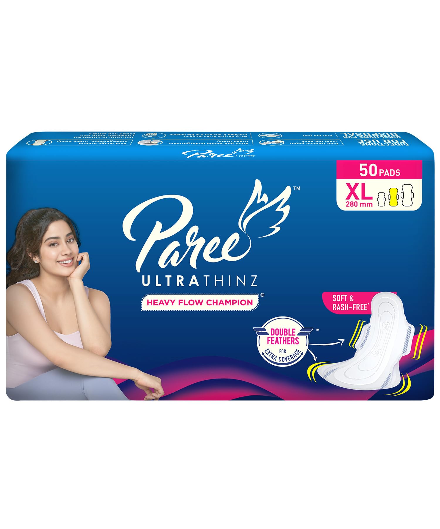 Paree Ultra Thinz XL 50 Soft Pads | 2X Advanced Absorption | Soft & Rash-Free Comfort | 4 Wings for Extra Coverage | Heavy Flow Champion Sanitary Pads for Women | Disposable Wrapper