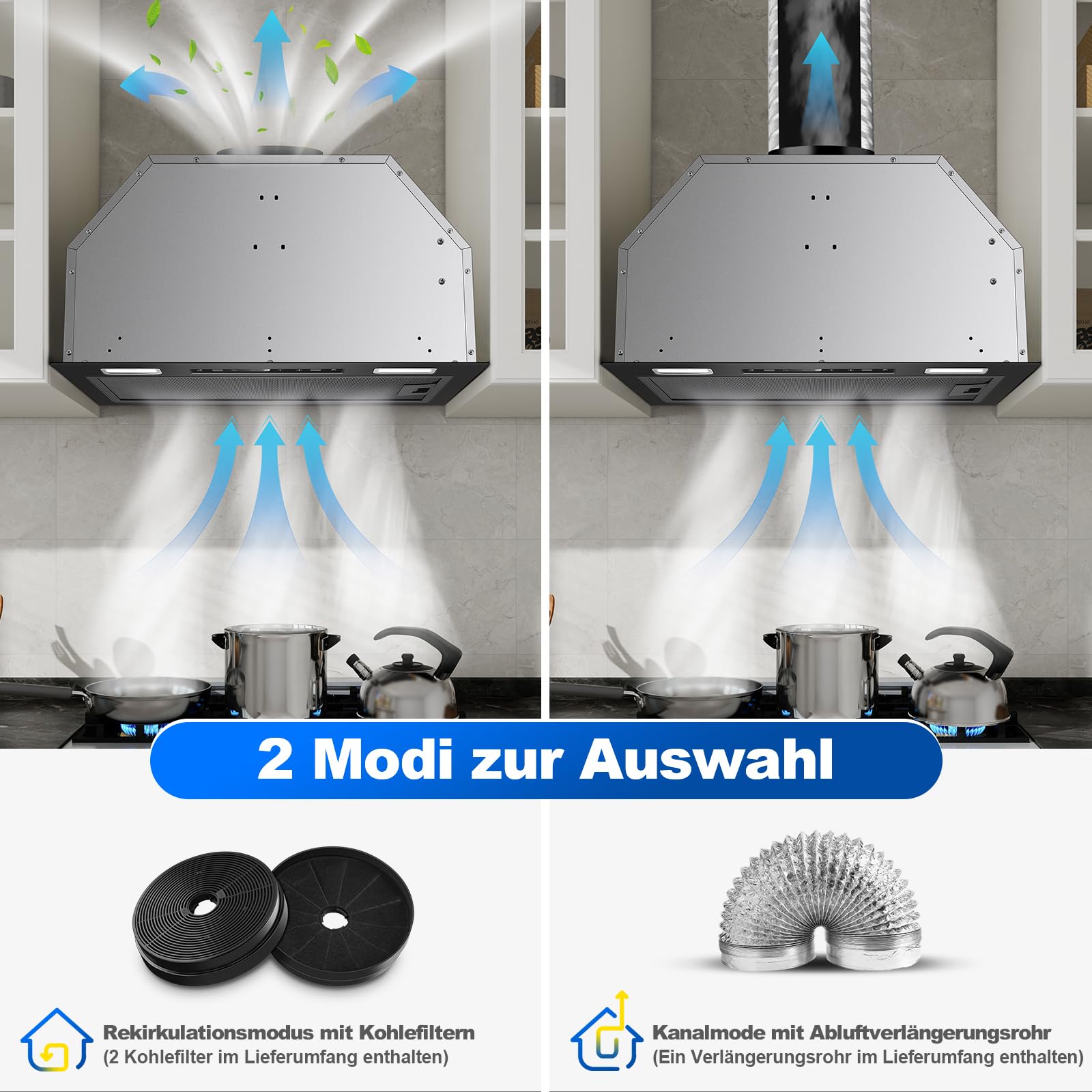 Einbau Dunstabzugshaube 52cm 750m³/h Abluft/Umluft Schwarz Gestensteuerung Touch 3 Leistungsstufen Booster Aktivkohlefilter