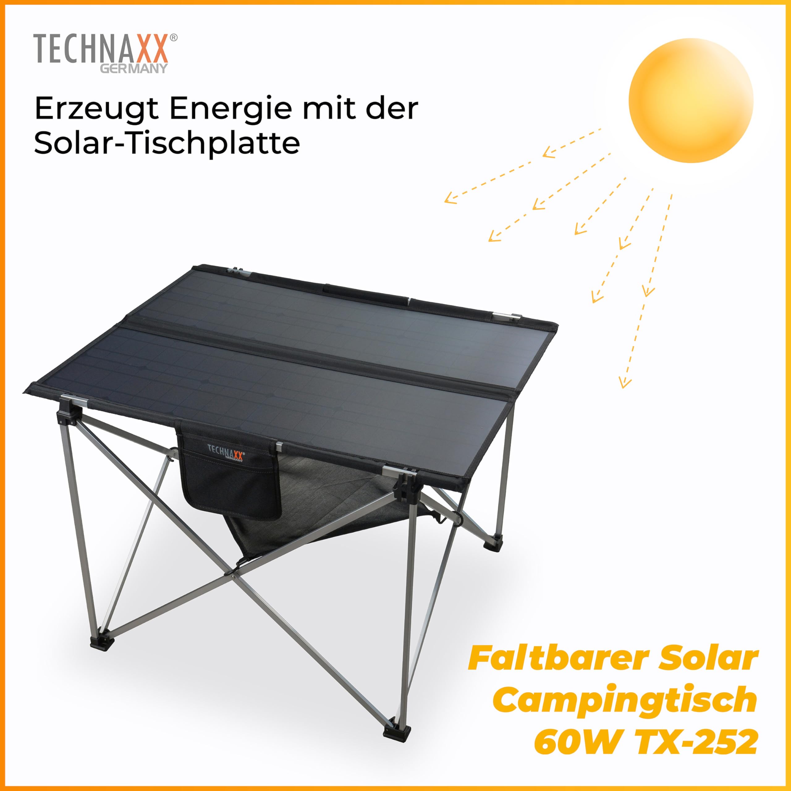 Technaxx 60W klappbarer Solar-Campingtisch TX-252, Tragbares Monocrystalline Solarpanel-Ladegerät mit 3xUSB-Ladeanschlüssen, DC-Ausgang und Robustes Design – Ideal für Camping und Outdoor