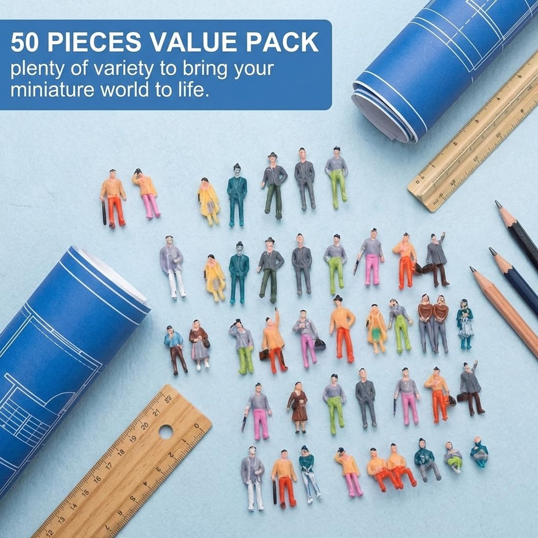 50 Pezzi Mini Persone, 1:75 Mini Personaggi in Plastica H-25mm, Figurine per Museo in Miniatura, Modellismo Ferroviario HO, Miniature per Case delle Bambole e Diorami