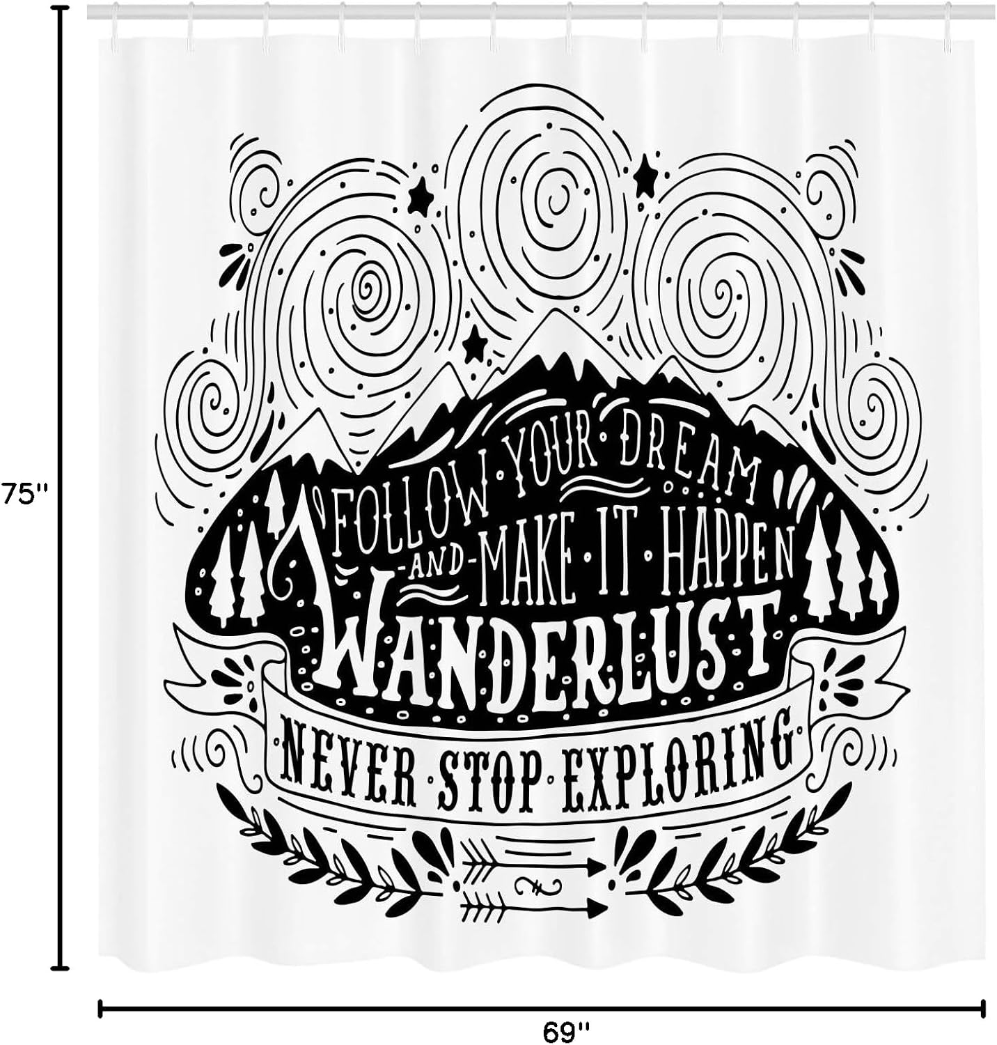 Ambesonne Saying Shower Curtain, Vintage Motif Follow Your Dream Make It Happen Never Stop Exploring Monochrome, Cloth Fabric Bathroom Decor Set with Hooks, 69" W x 75" L, White and Black