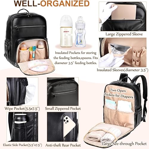 Miniatura 4 de VASCHY Mochila para pañales para mamá papá, unisex, grande, impermeable, de piel vegana, con cambiador, bolsillos aislados, funda acolchada para