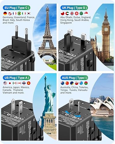 Miniatura 2 de LENCENT Adaptador de viaje universal, cargador de pared GaN III de 65 W en todo el mundo con 1 puertos USB y 2 adaptadores de carga rápida USB-C PD