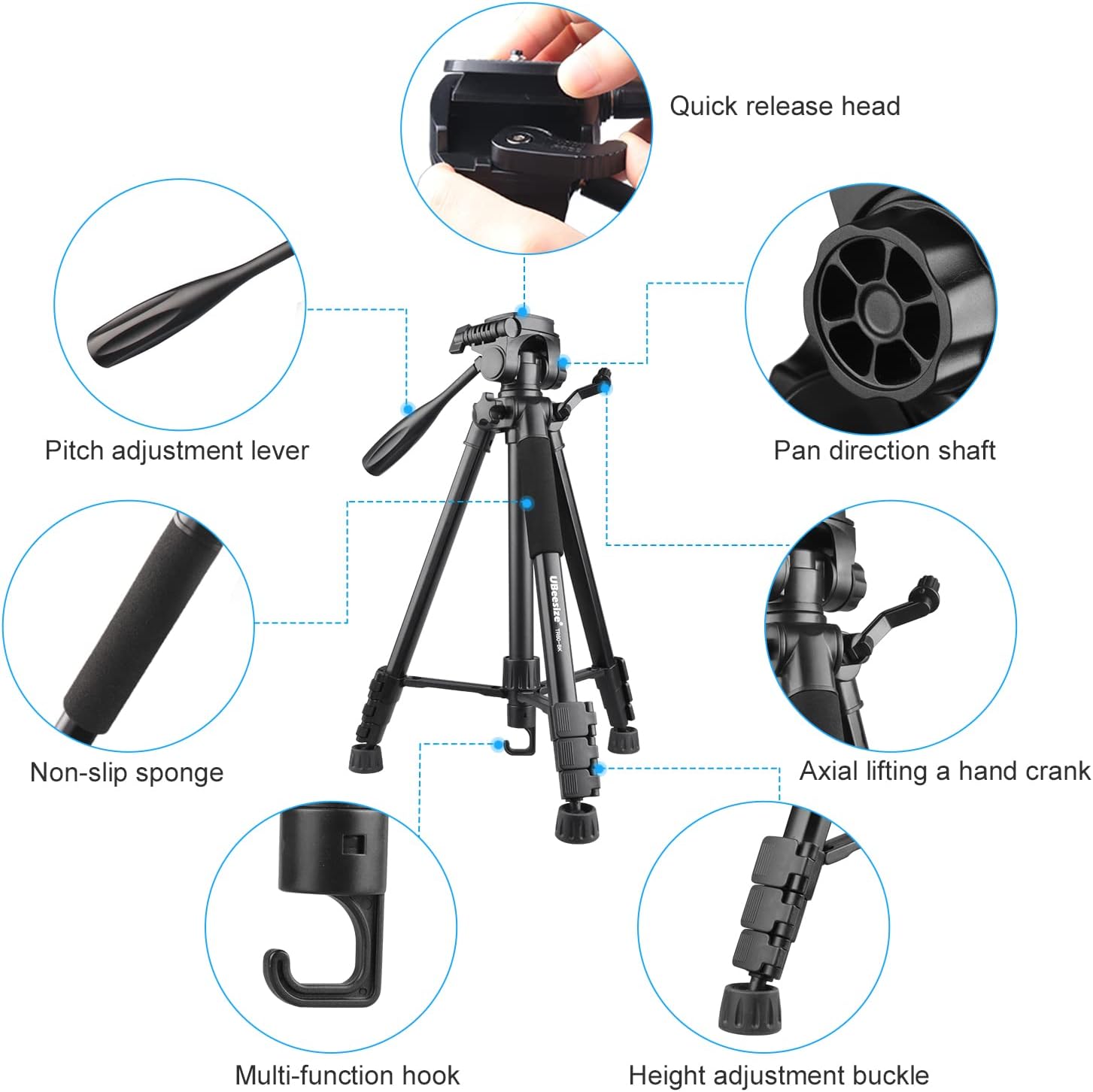 UBeesize 60-inch Portable Lightweight Travel Tripod (5kg/11lb Load), Carry Bag, and Smartphone Bluetooth Remote