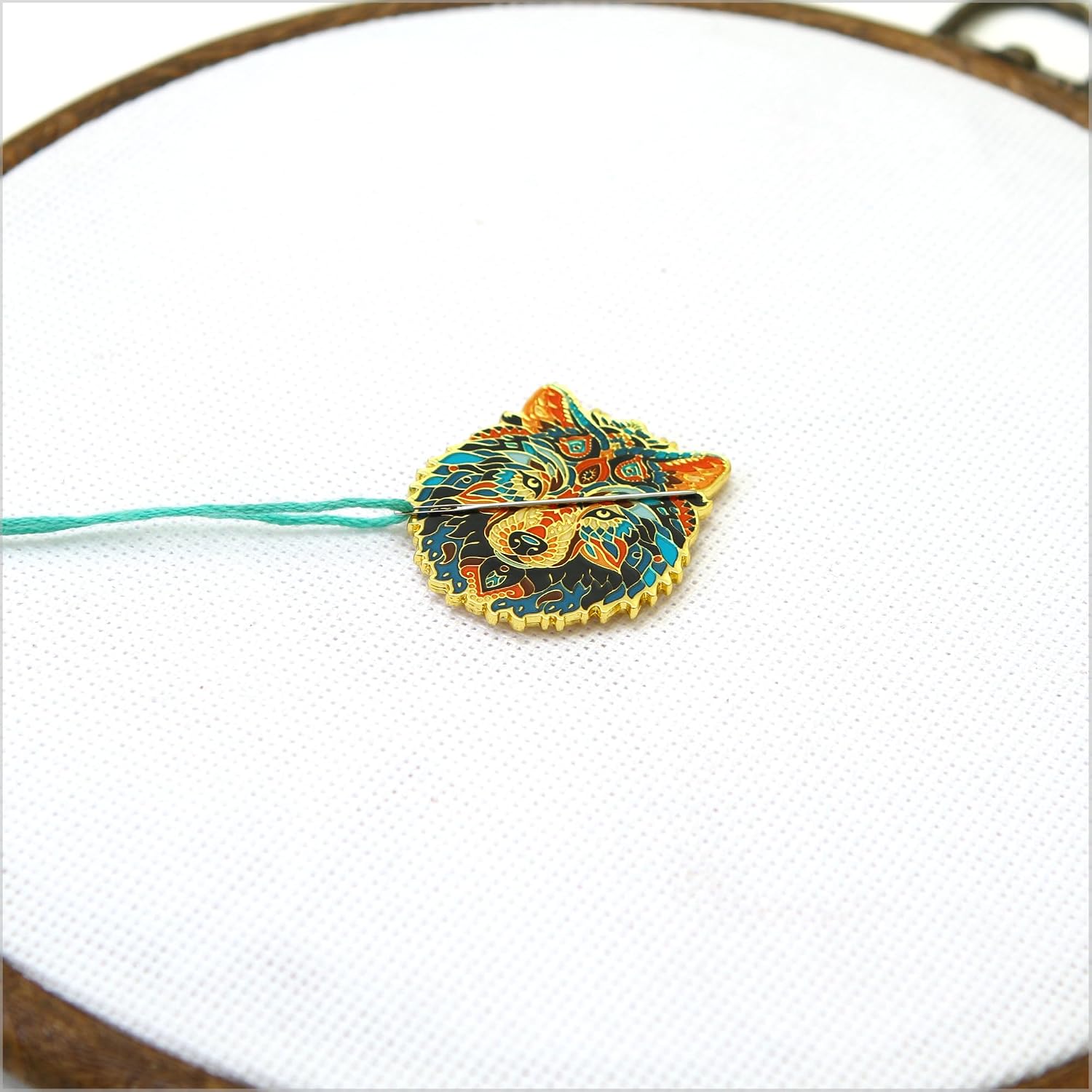 Awesome Pattern Studio Needle Minder Set - Mandala Wolf Magnetic Needle Minder + 2 Needle Threaders. Enamel Pin for Cross Stitch, Embroidery and Craft