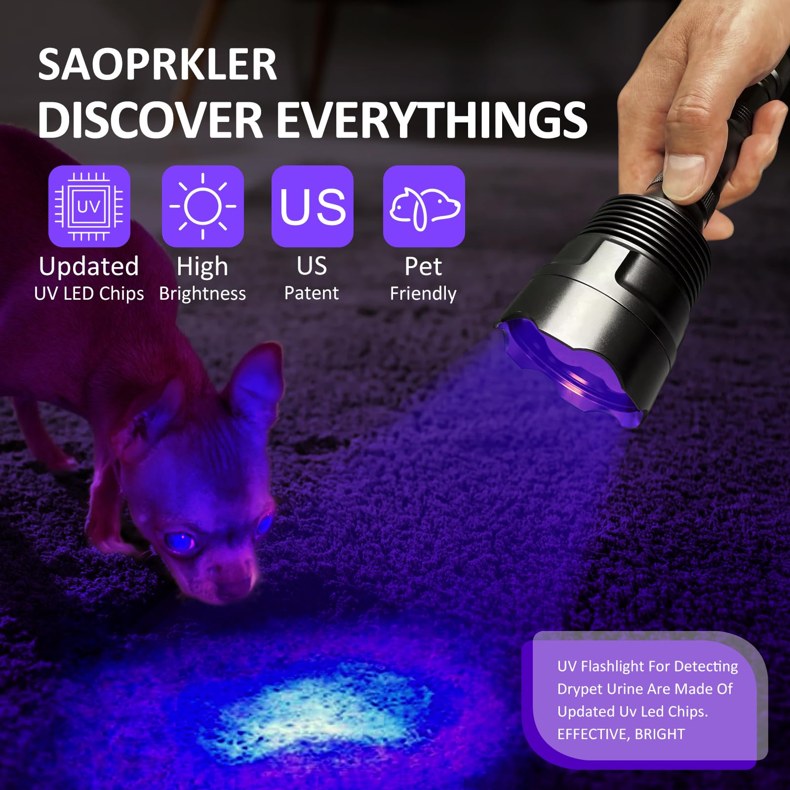 SAOPRKLER - Linterna UV de luz negra UV5 de 365 nm para todas las detecciones UV | Alta potencia, largo alcance, definición mejorada ultravioleta, haz de grado profesional, alto profesional, grado comercial