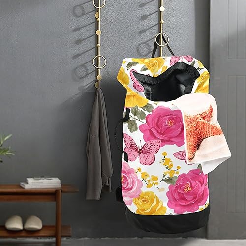 Vista 55 de Mochila de lavandería con correas ajustables para el hombro, bolsa de lavandería sucia para viajes, campamento, universidad, resistente, Rosa floral