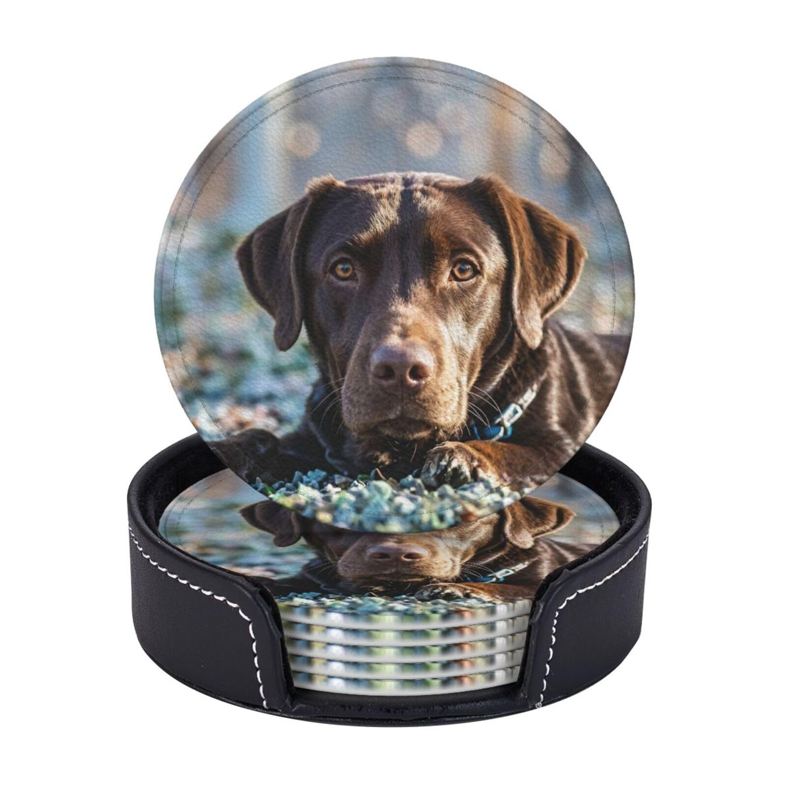 Drink Coasters 6 PCS Round Leather Coaster Labrador Retriever Coasters for Drinks Non-Slip Mugs Pads with Holder Personalized Cups Pad Mat for Coffee Table Kitchen 10 CM