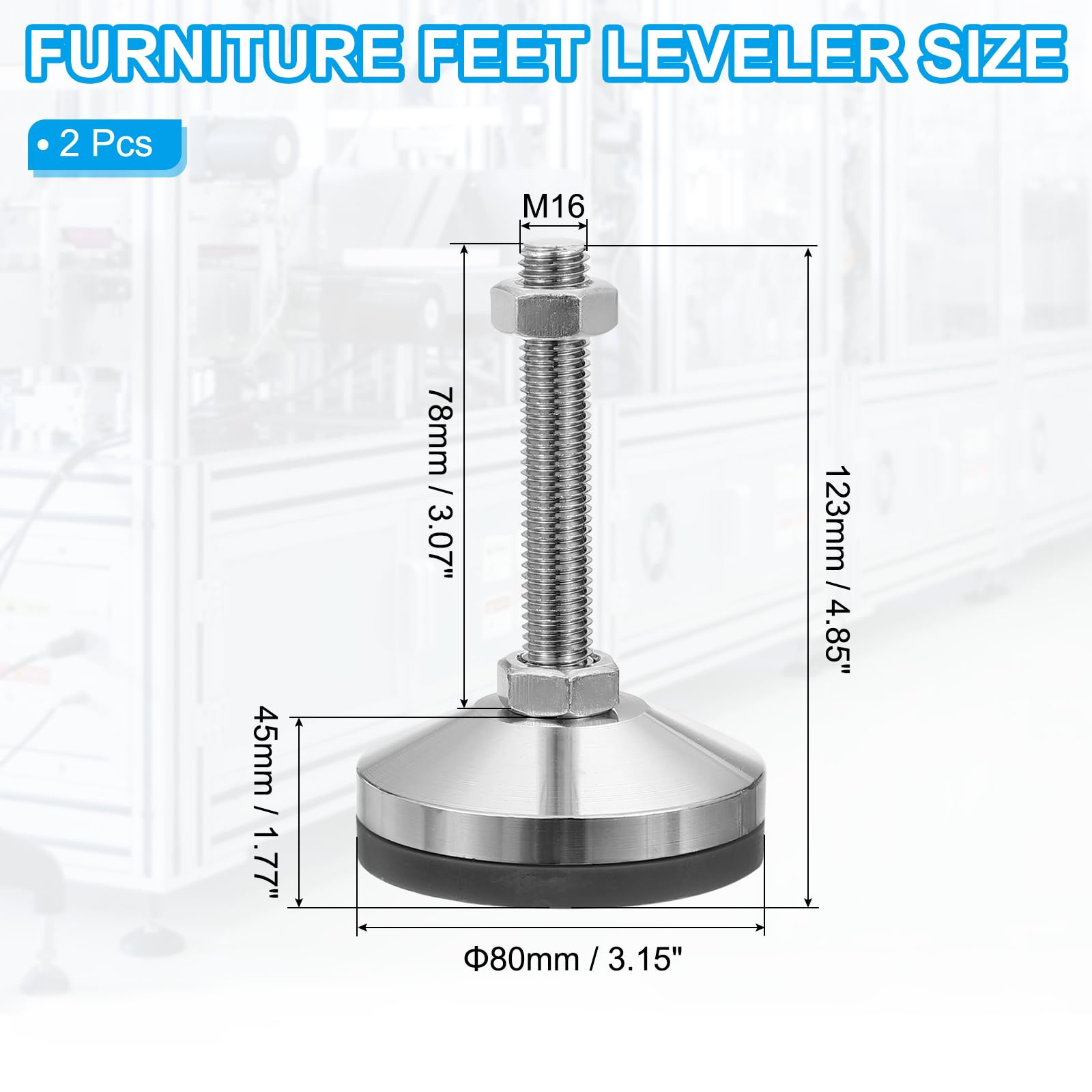 PATIKIL Furniture Leveling Feet 3.2" Dia Base M16 Thread, 2 Pcs Carbon Steel Adjustable Threaded Furniture Levelers Screw on Leg Leveler with Pads for Desk Chair Cabinet, Black - Image 2