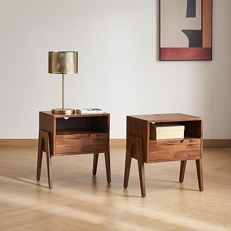 Set Of 2 Fluted Floating Nightstands With USB Charging - Modern Wall Mounted Bedside Tables, Light Oak