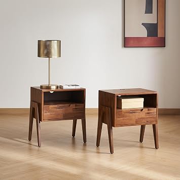 mopio Ted Solid Wood Nightstand with Charging Station, Mid Century Modern Storage Night Stand, Small Side Table Drawer, Bedside, End Table USB C & USB A Ports Set of 2