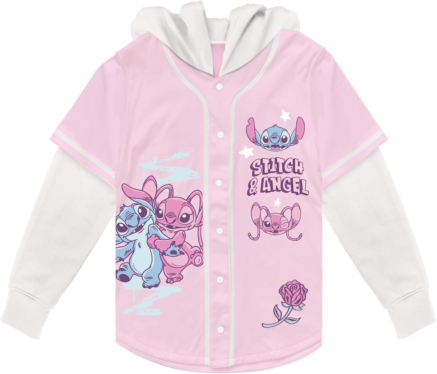 Disney Girls' Disney Lilo & Stitch Girls 4-16 Hooded Long Sleeve Baseball Twofer Jersey (Stitch & Angel Styles)