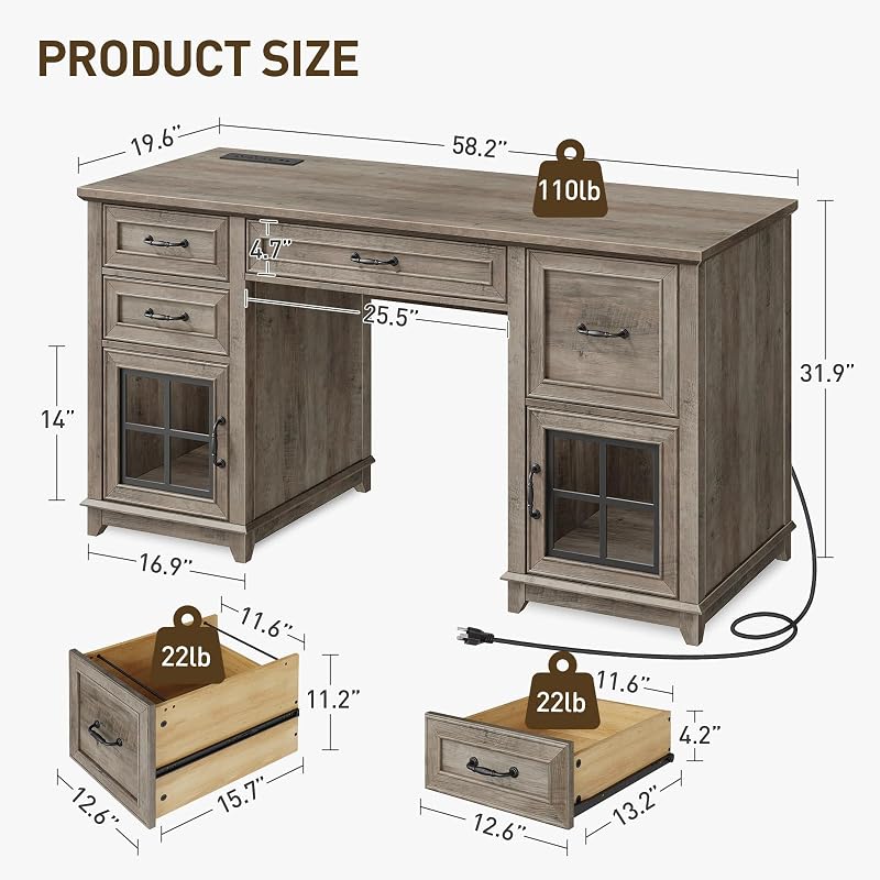 RALGEND 58" Farmhouse Desk with Drawers, Executive Desk with Power Outlet image 2