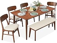 Best Choice Products Mid-Century Modern 6-Piece Dining Set with Bench, Walnut Wood Grain Table & Cream Upholstered Chairs, Rubberwood Legs