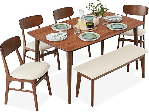 Best Choice Products Juego de comedor de madera de 6 piezas, mesa moderna de mediados de siglo y sillas tapizadas con asiento de banco, patas de