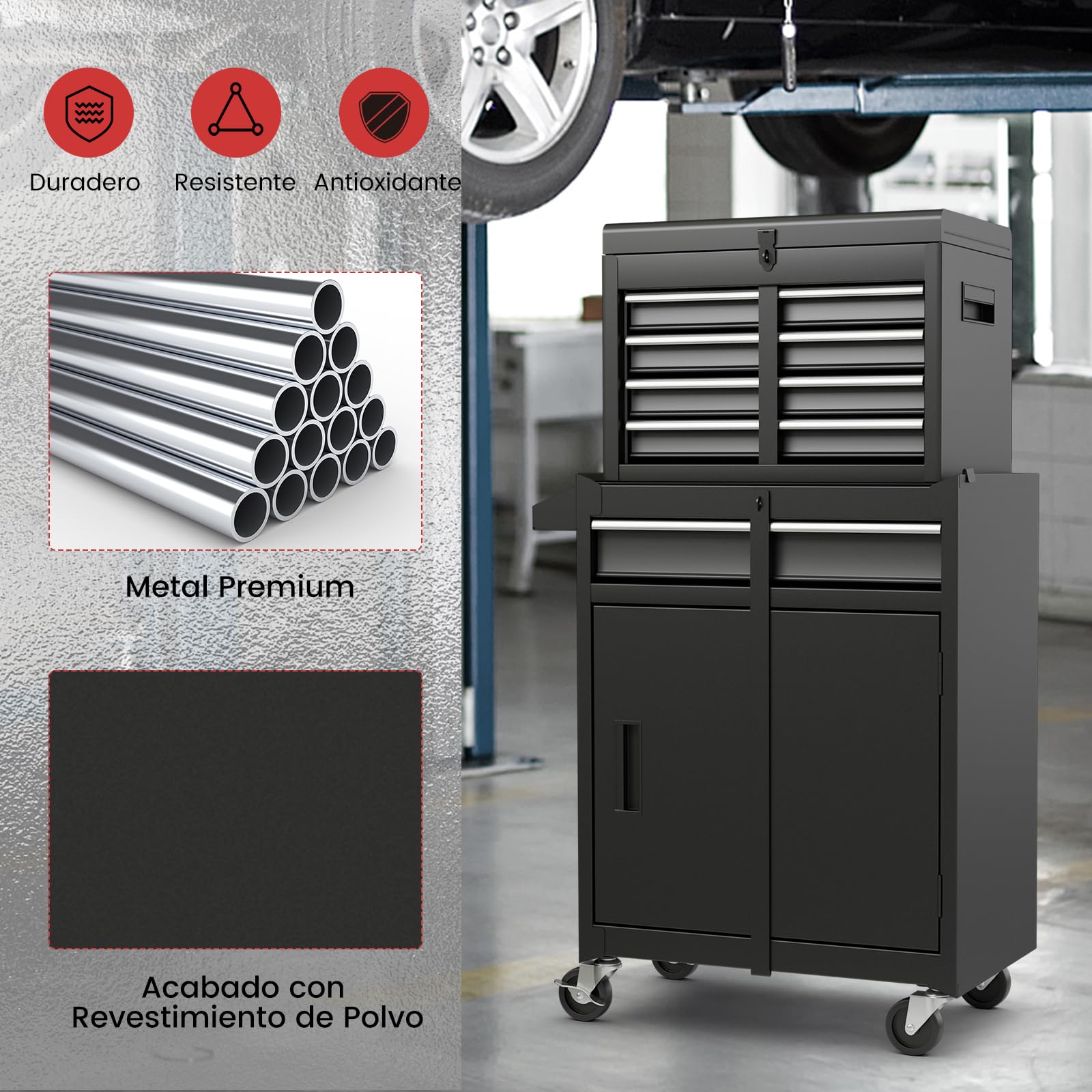 GYMAX Carro de Herramientas con Ruedas, 2 Ruedas con Bloqueo, Armario de Herramientas con 5 Cajones, Gancho, Estante Ajustable y Forro Antideslizante (Negro, 59 x 28 x 102 cm)