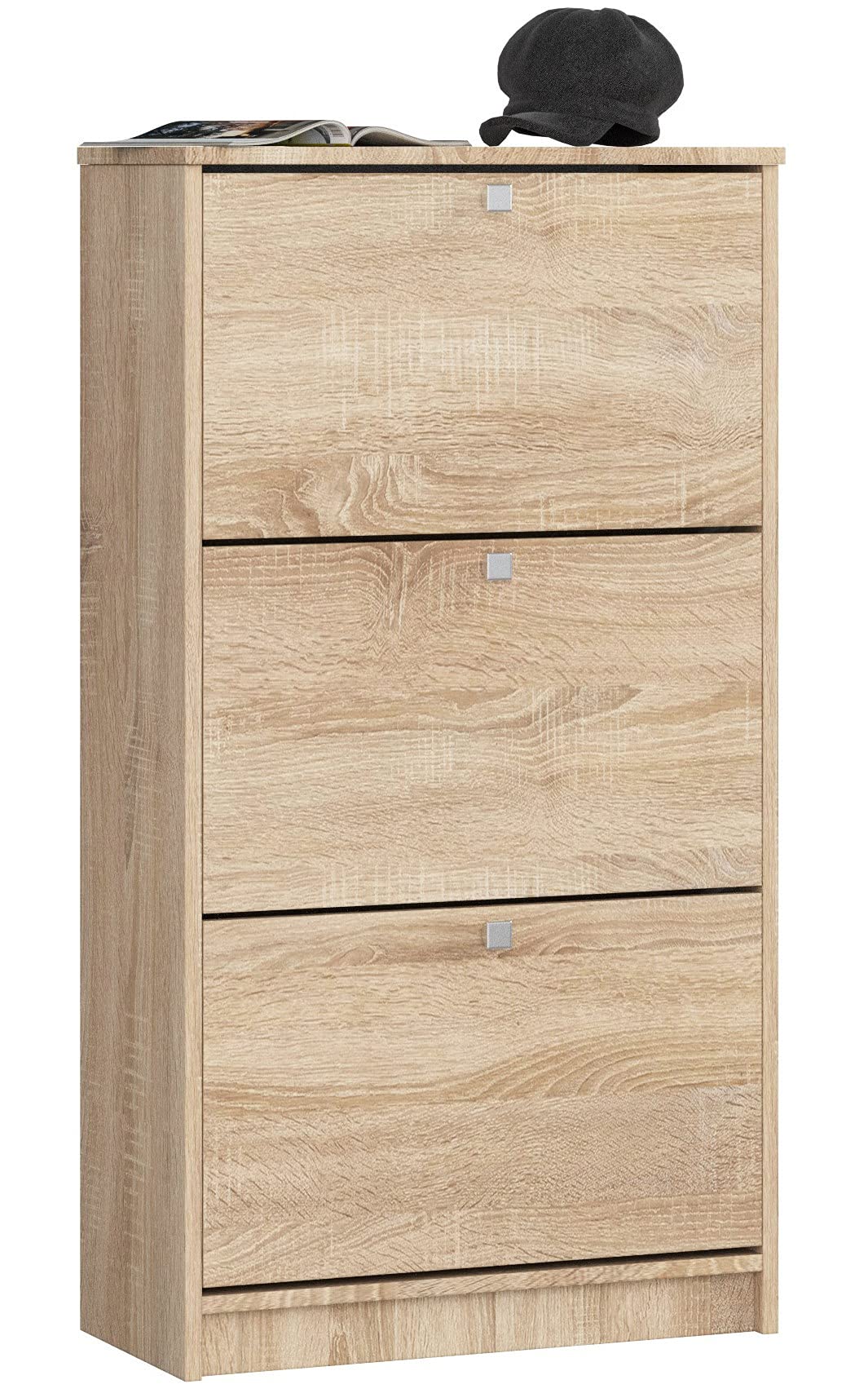 Zapatero con 3 compartimentos AKORD Roble Sonoma 60 cm 3 puertas basculantes frente en color Roble Sonoma 60x28,5x113 cm