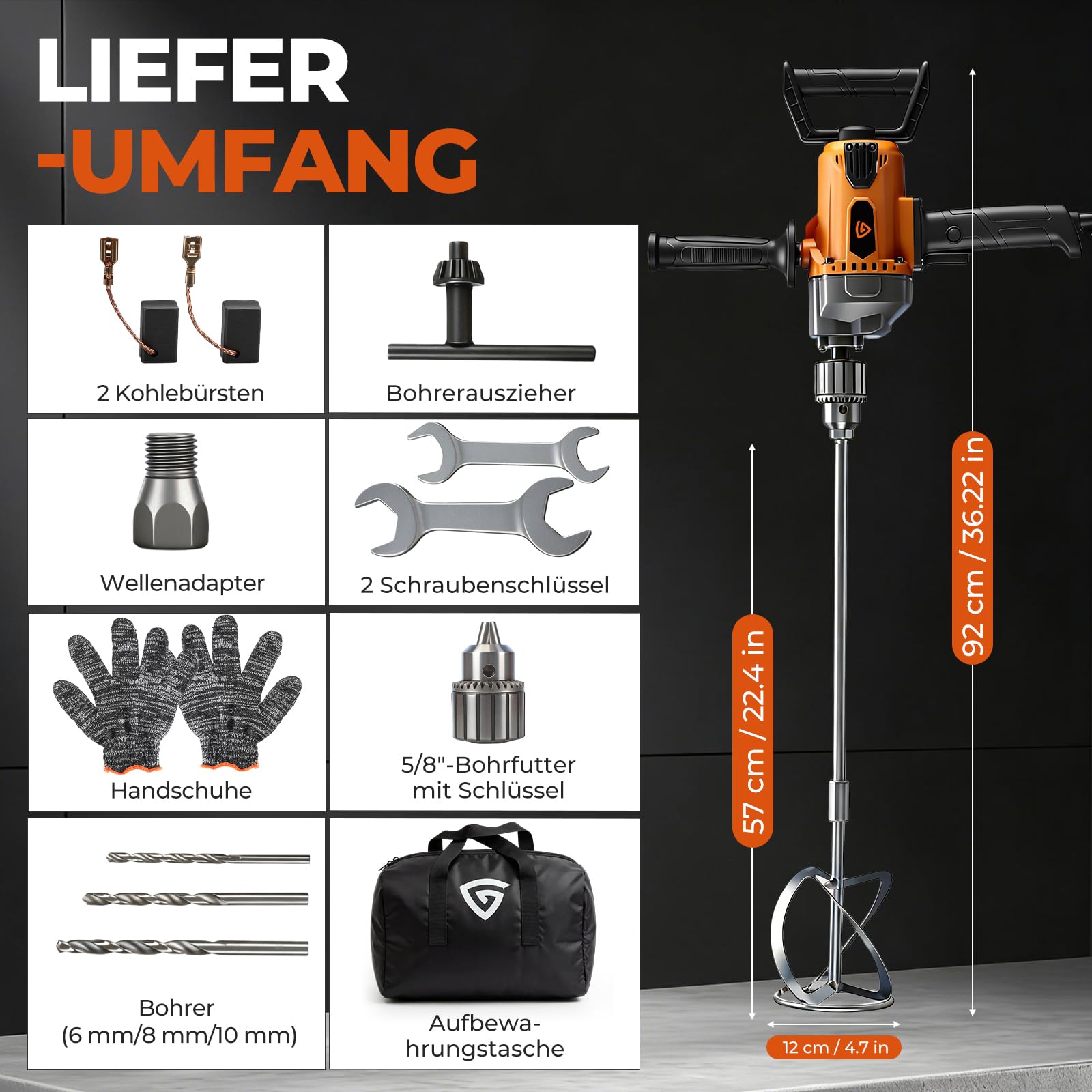 Rührwerke 20A Bohrmischer Set, 1100 U/min, 5/8" Metallbohrfutter, Betonmischer mit 360° D-Griff, Rührwerk & Bohrmaschine in einem für Mörtel, Beton, Farbe