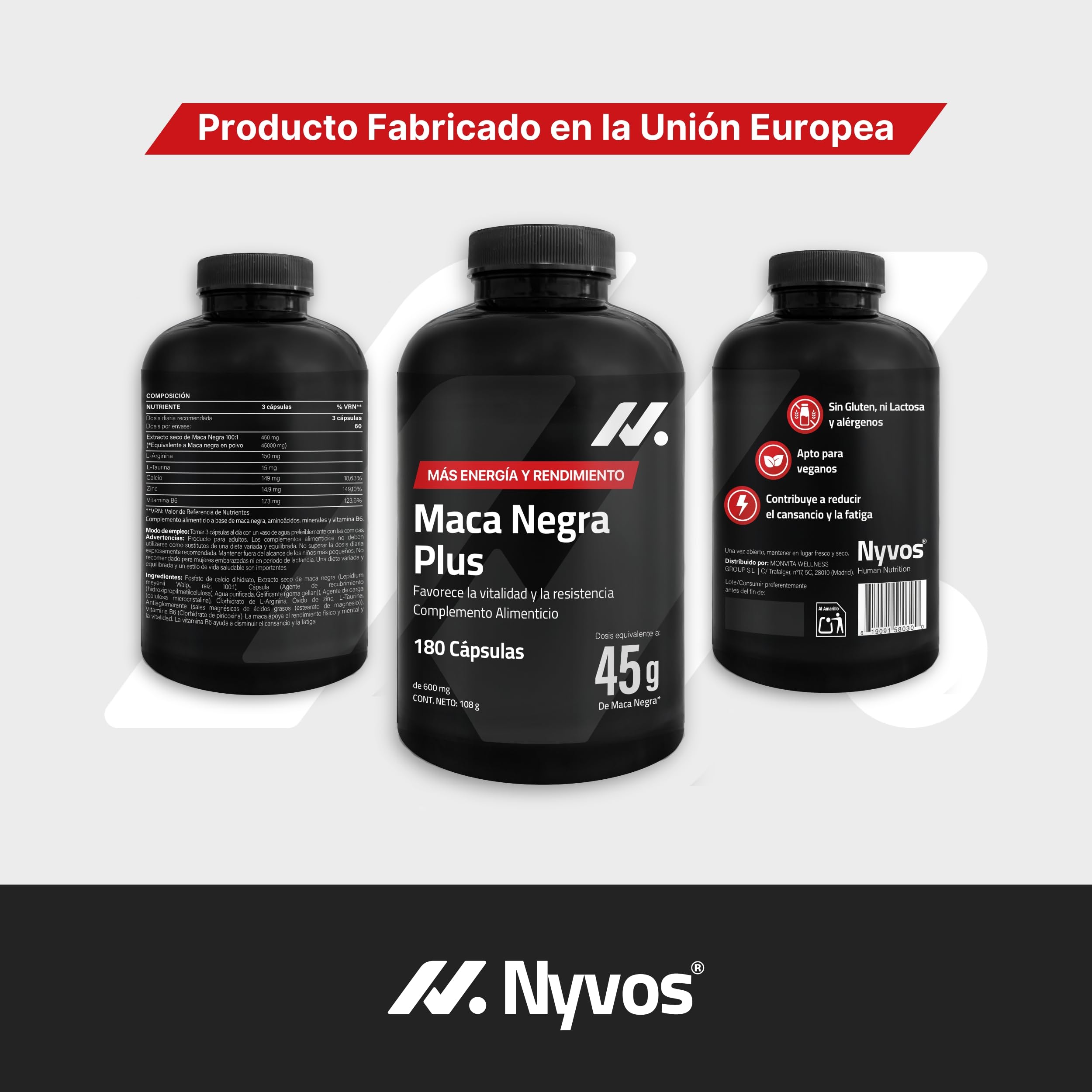 Maca Negra Alta Dosis – 45.000 mg Equivalente (Extracto 100:1) con Zinc, Calcio, Vitamina B6, L-Arginina y Taurina – 180 Cápsulas Veganas de Maca – Sin Cafeína, Sin Gluten ni Lactosa, Vegano – Nyvos