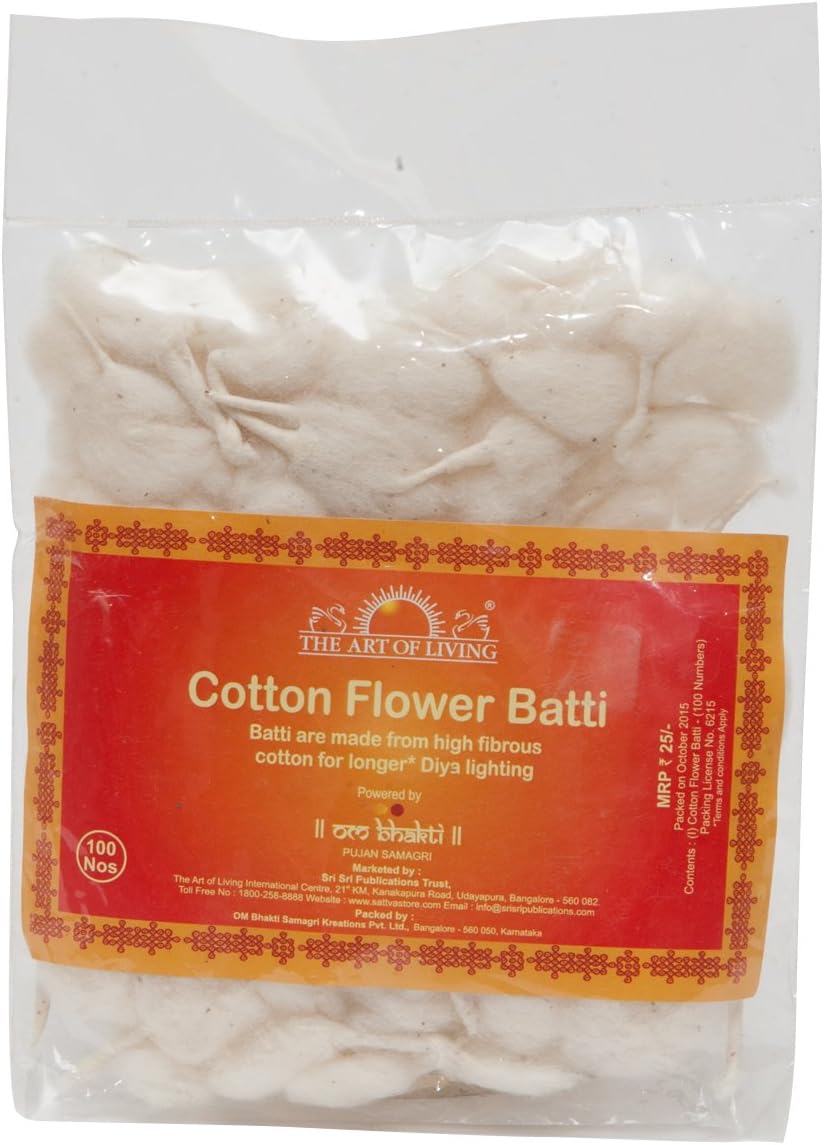 Om Bhakti Cotton Wick for Diya Flower Batti (17.8 cm x 12.7 cm x 2.5 cm, Half White, Set of 100)