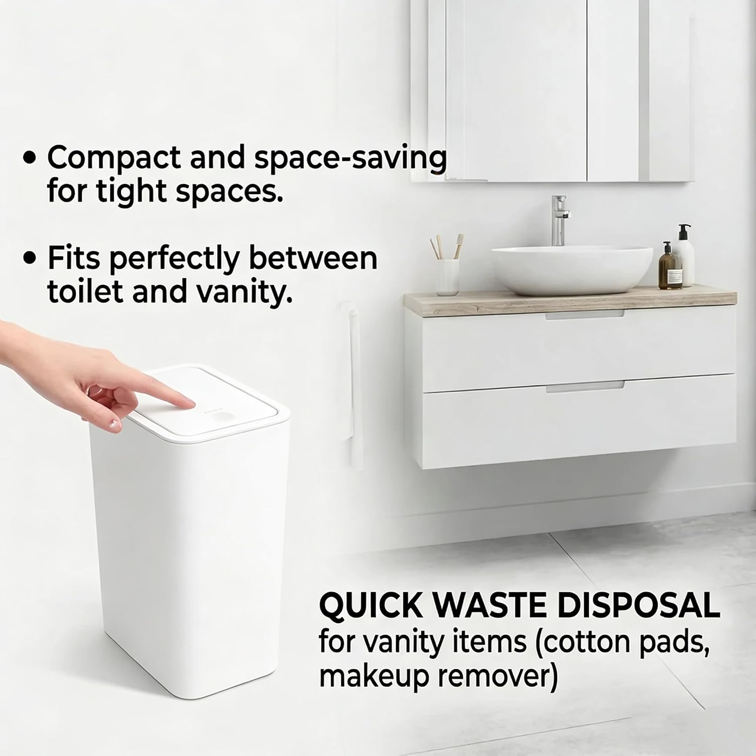 Compact Push-in Trash Can with Lid for Bathrooms, Kitchens, Living Rooms, Offices, Etc., Trash Can with Pop-Up Lid, 10 Liter/2.6 Gallon Slimline (White)