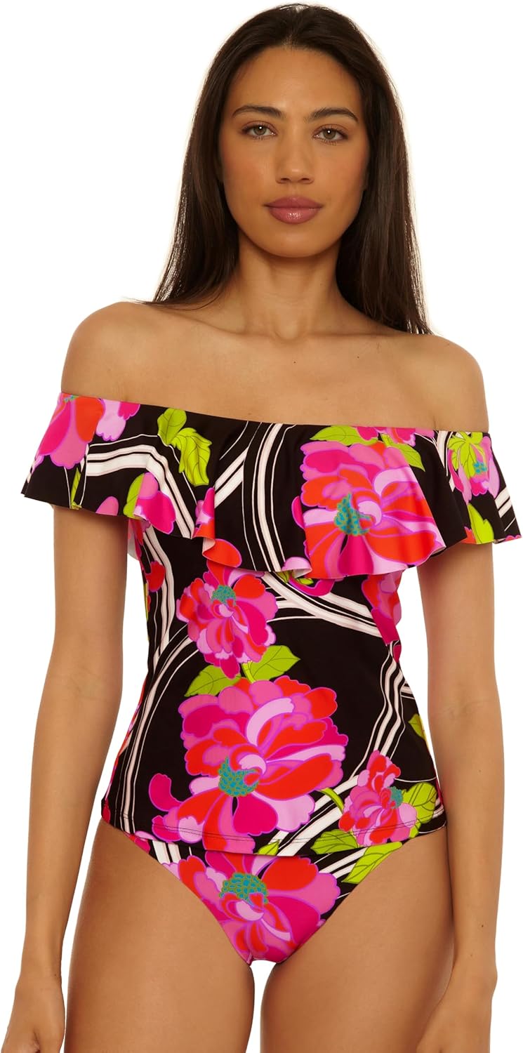 Trina Turk Women's Monaco Ruffle Tankini, Off Shoulder, Swimsuit Tops