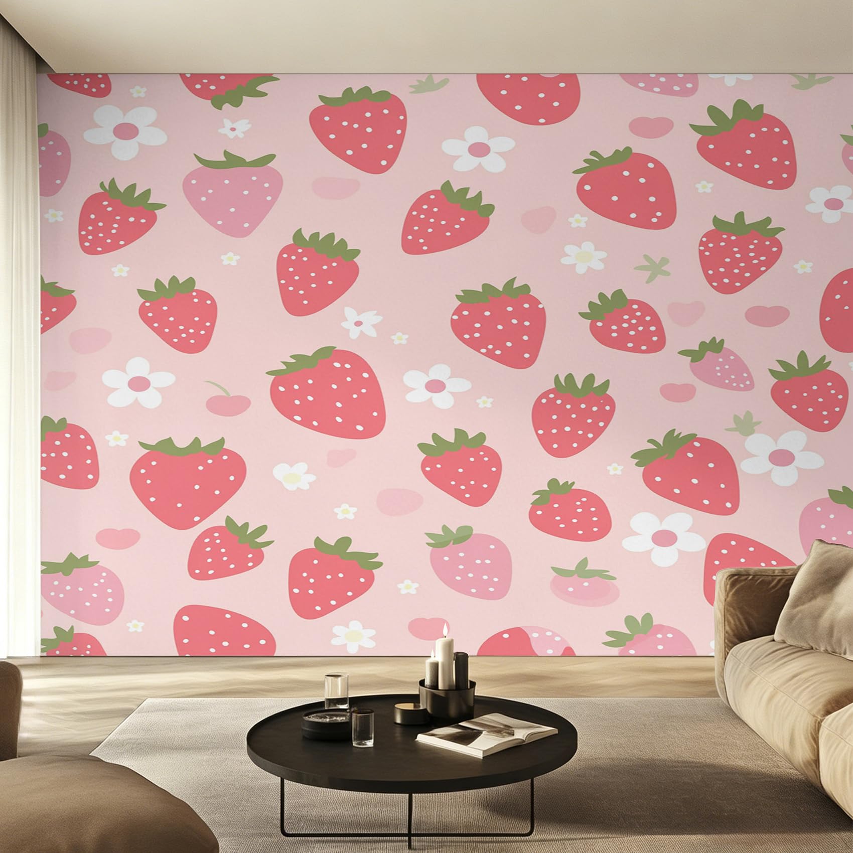 Papier peint fraise intissé pour masquer les imperfections de vos murs roses