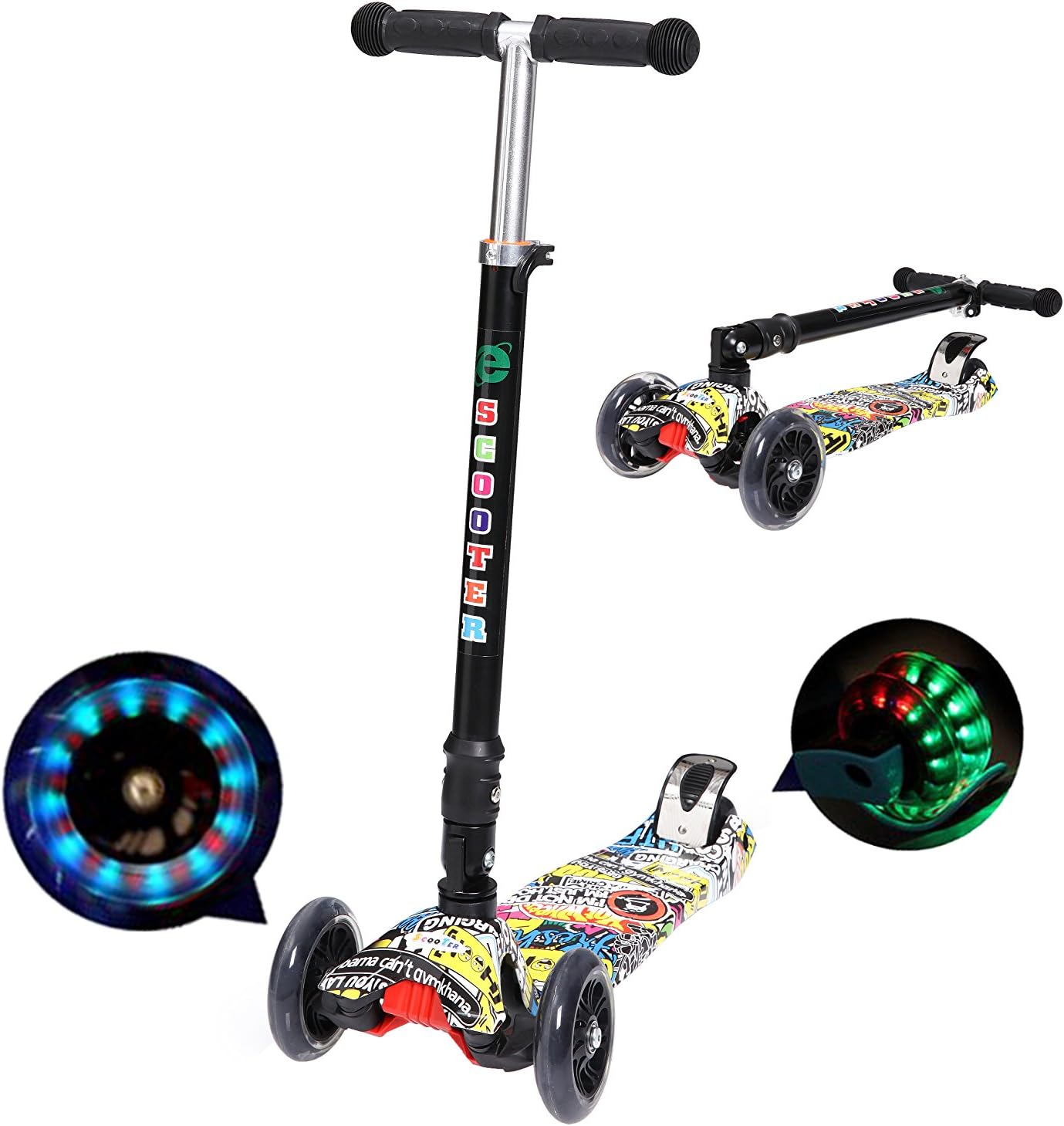 Kick Scooter, 3 Flashing PU Wheels Alluminum T-bar 4 Heights Adjustable Handle Kick Scooter with Wide Glider Deck Rubber Handle Rear Brake Pedal for Children 3-14 Years Old