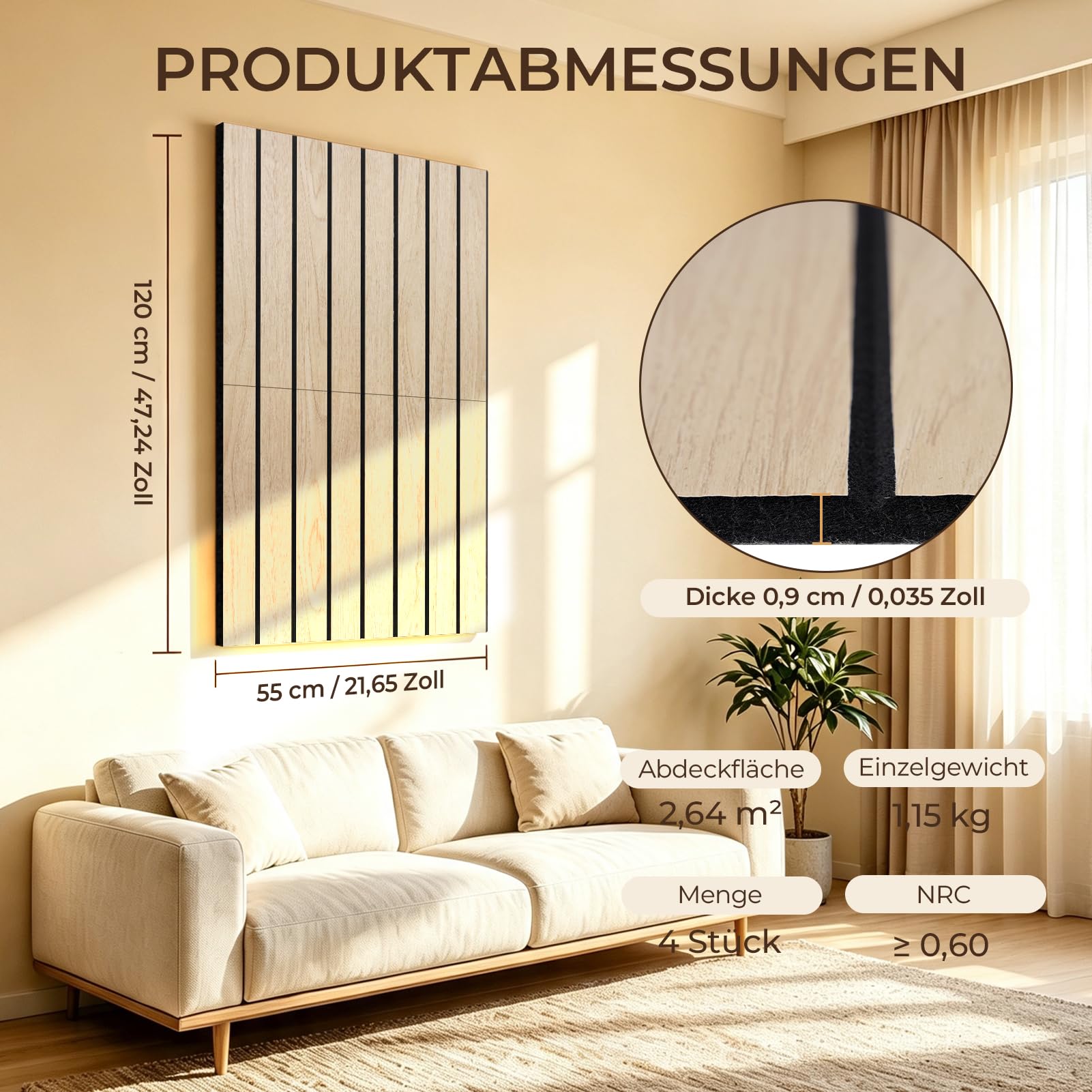 4 sztuki paneli akustycznych, samoprzylepne, 120 x 55 cm