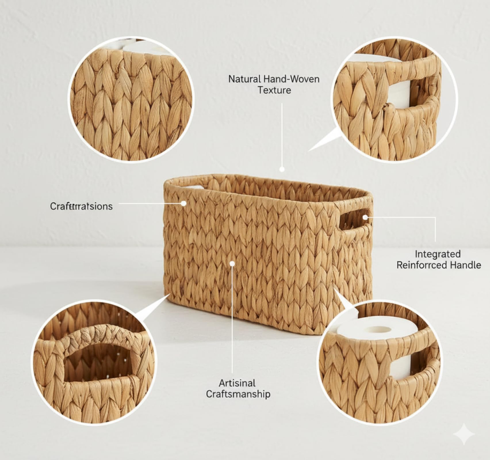 Cestino in giacinto d'acqua per la conservazione di carta igienica, porta rotoli con capacità per 3 rotoli, manici integrati, cestino stabile per bagno e servizi igienici per ospiti