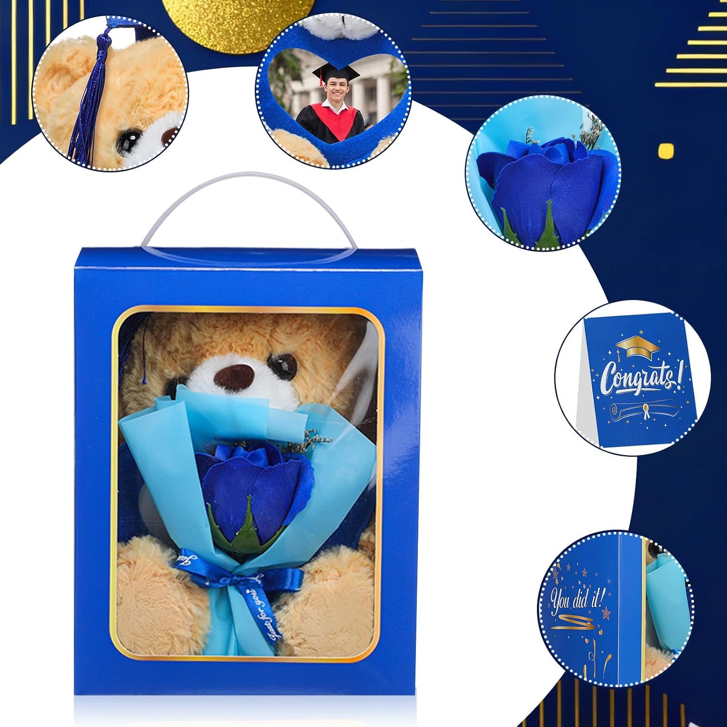 Seenelling 9 Inches 2026 Graduation Bear Set Personalized Graduation Gifts Box with Heart Picture Photo Frame Graduates Grad Keepsake for Commemorative Congratulations Animal Her Him(Blue)