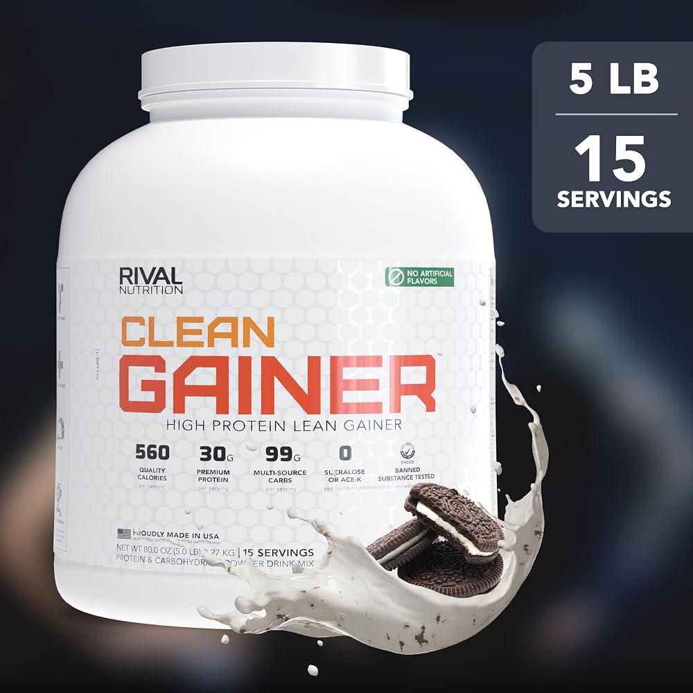 RIVAL NUTRITION Clean Gainer Cookies & Cream High-Protein Lean Gainer Powder I 5 Lb, 15 Servings I 560 Calories, 30g Protein, 99g Multi-Source Carbs Per Serving I Natural Flavors, No Artificial Colors