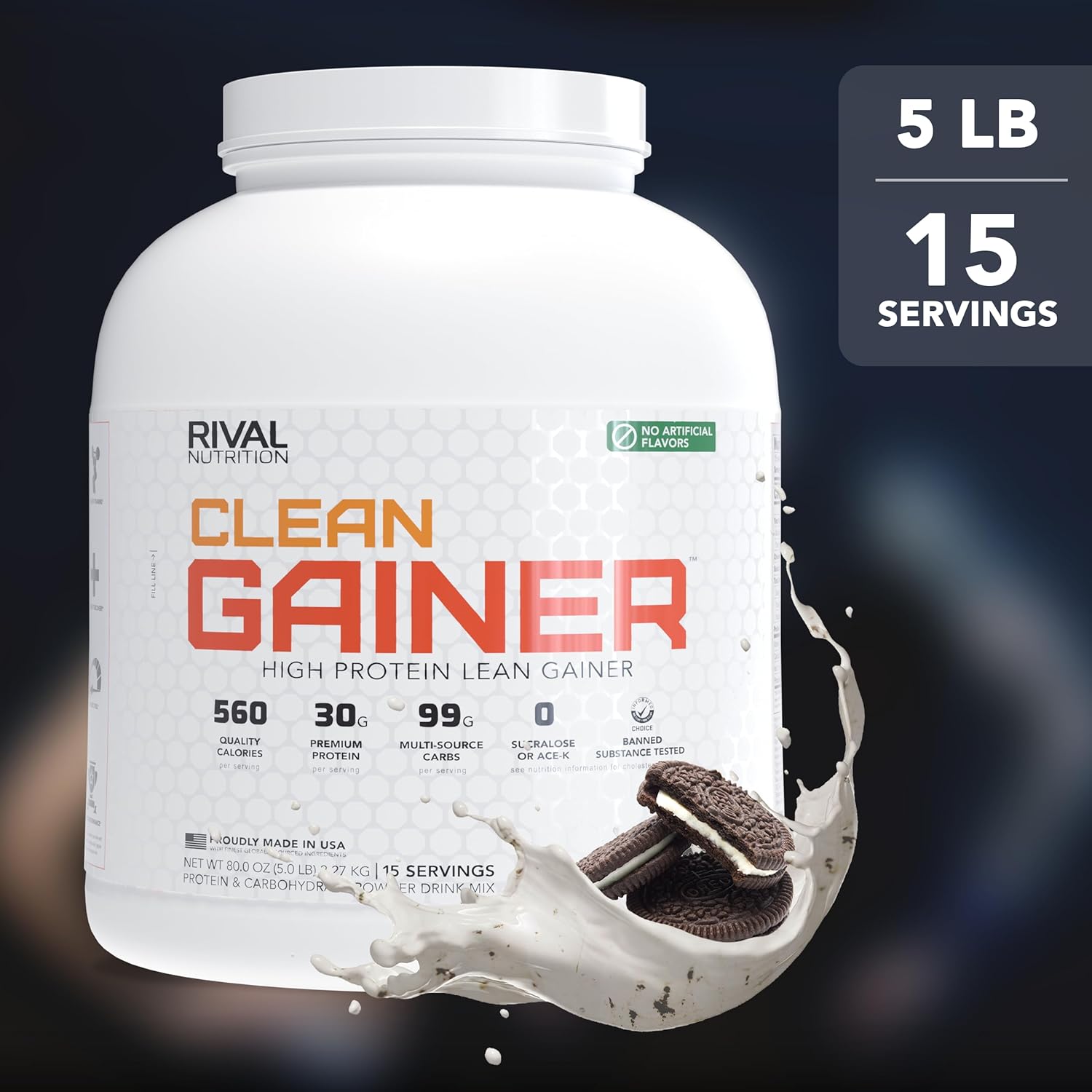 RIVAL NUTRITION Clean Gainer Protein Powder – 5LB Cookies and Cream – High Protein Lean Mass & Weight Gainer | 560 Calories, 30g Protein, 99g Multi-Source Carbs, No Artificial Flavor – 15 Servings