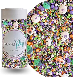 Sprinkle Pop Monster Mashup Sprinkle Mix| Orange Black White Lime Purple Sprinkles| Halloween Sprinkles with ~12 monster, ghosts, creepy eyeballs Made in USA for Decorating Cakes Cookies Cupcakes, 4oz
