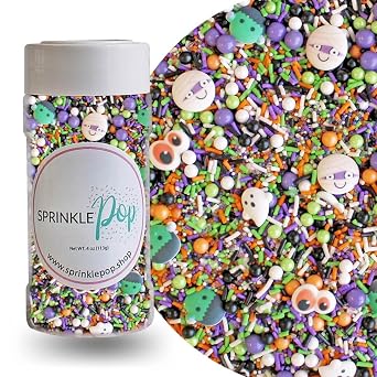 Sprinkle Pop Monster Mashup Sprinkle Mix| Orange Black White Lime Purple Sprinkles| Halloween Sprinkles with 12 monster, ghosts, creepy eyeballs Made in USA for Decorating Cakes Cookies Cupcakes, 4oz