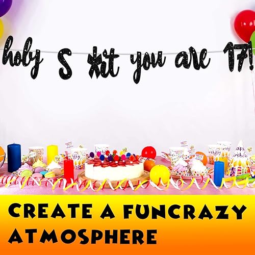 Miniatura 5 de Holy S*ht You are 17! - Telón de fondo con purpurina negra Hello 17 Cheers to 17 años de edad, decoraciones temáticas para niños y niñas, fiesta de