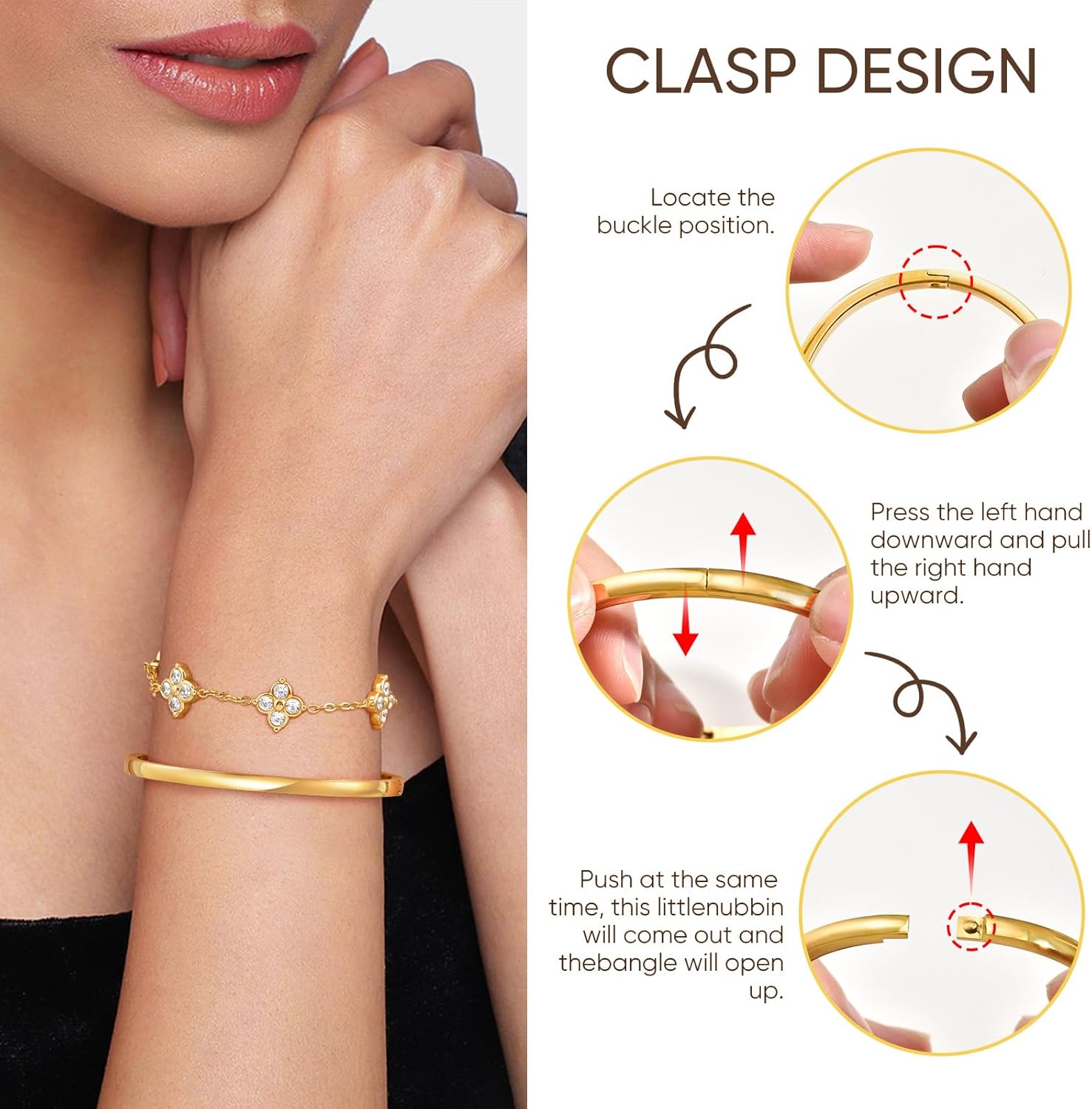 KSF Womens Gold Floral Bracelet Stack - 18K Gold Plated Stackable Bracelets Bangles Jewelry Set, Stainless Steel Non Tarnish Lucky Four Leaf Cubic Zirconia Bracelets, Trendy Birthday Gifts for Women - Image 4