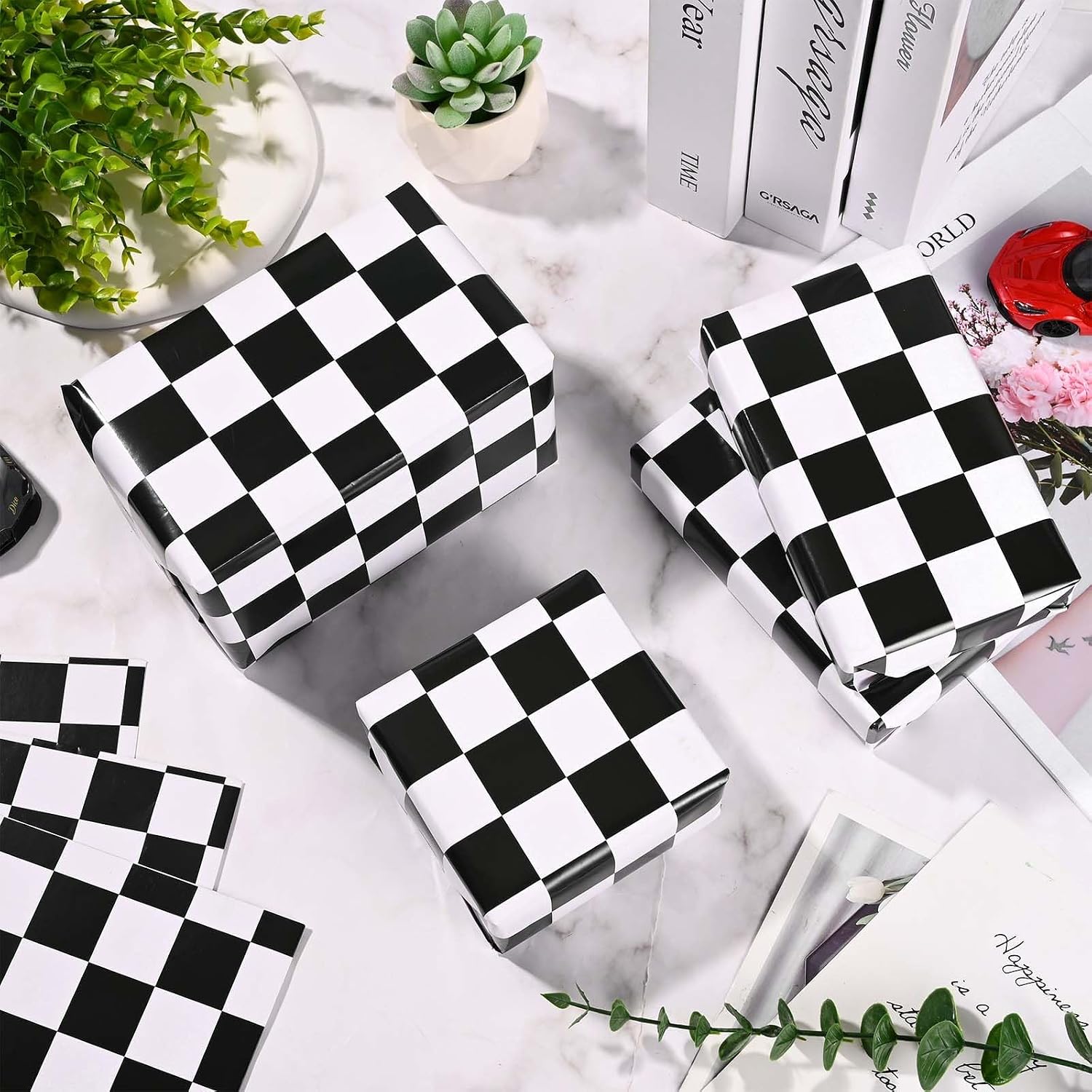 Sanixin 12 Sheet Checkered Flag Wraping Paper Black White Racing Car Gift Wrap Paper for Birthday Party Baby Shower Racing Themed Party DIY Craft, 27.6 × 19.7 Inches image 3