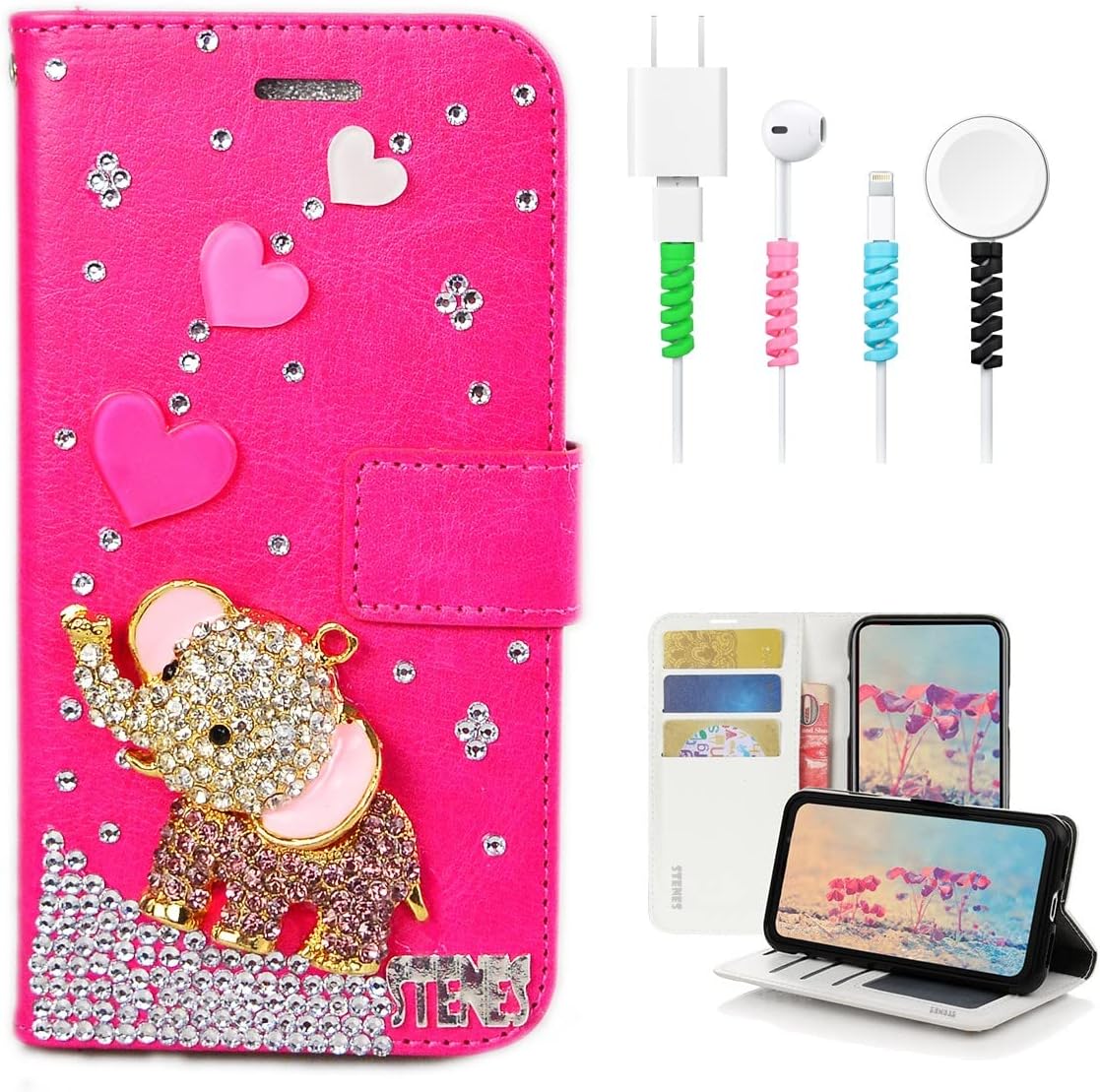 STENES Bling Wallet Case Compatible with Samsung Galaxy J7 (2018) - Stylish - 3D Handmade Luxury Peacock Pendant Flowers Leather Cover with Cable Protector [4 Pack] - Gold