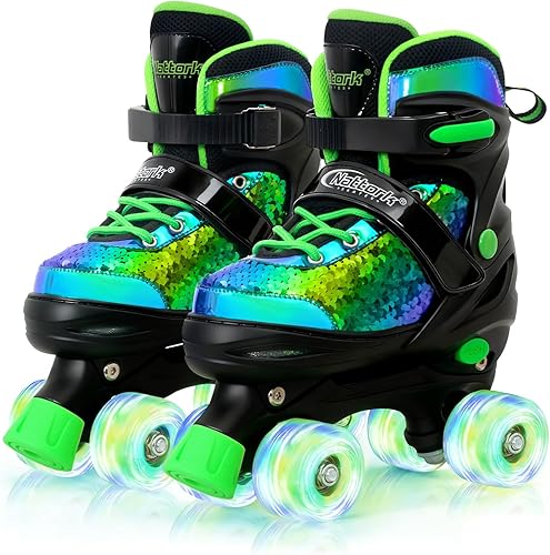 Nattork Patines de ruedas para niños y niñas, 4 tamaños ajustables, patines cuádruples con lentejuelas y todas las ruedas iluminadas para niños