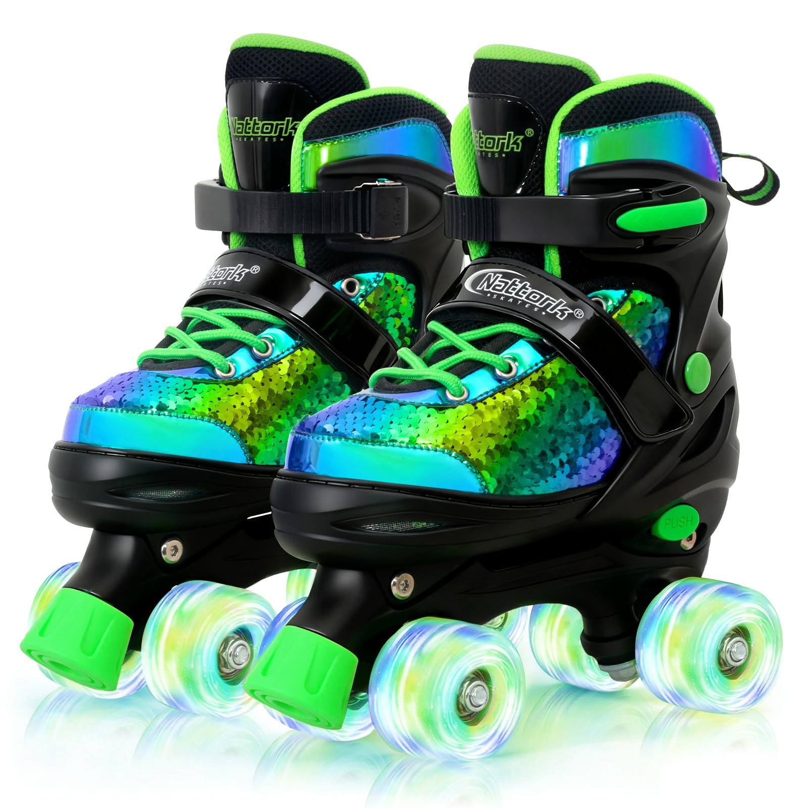 Nattork Kids Roller Skates for Boys Girls Kids 4 Size Adjustable Sequins Quad Skates with All Light up Wheels for Kids Beginners, Birthday Gift for