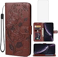 Vista 10 de Funda para iPhone XR con protector de pantalla de vidrio templado, funda de cuero con diseño de flor para tarjeta de crédito con soporte para iPhone