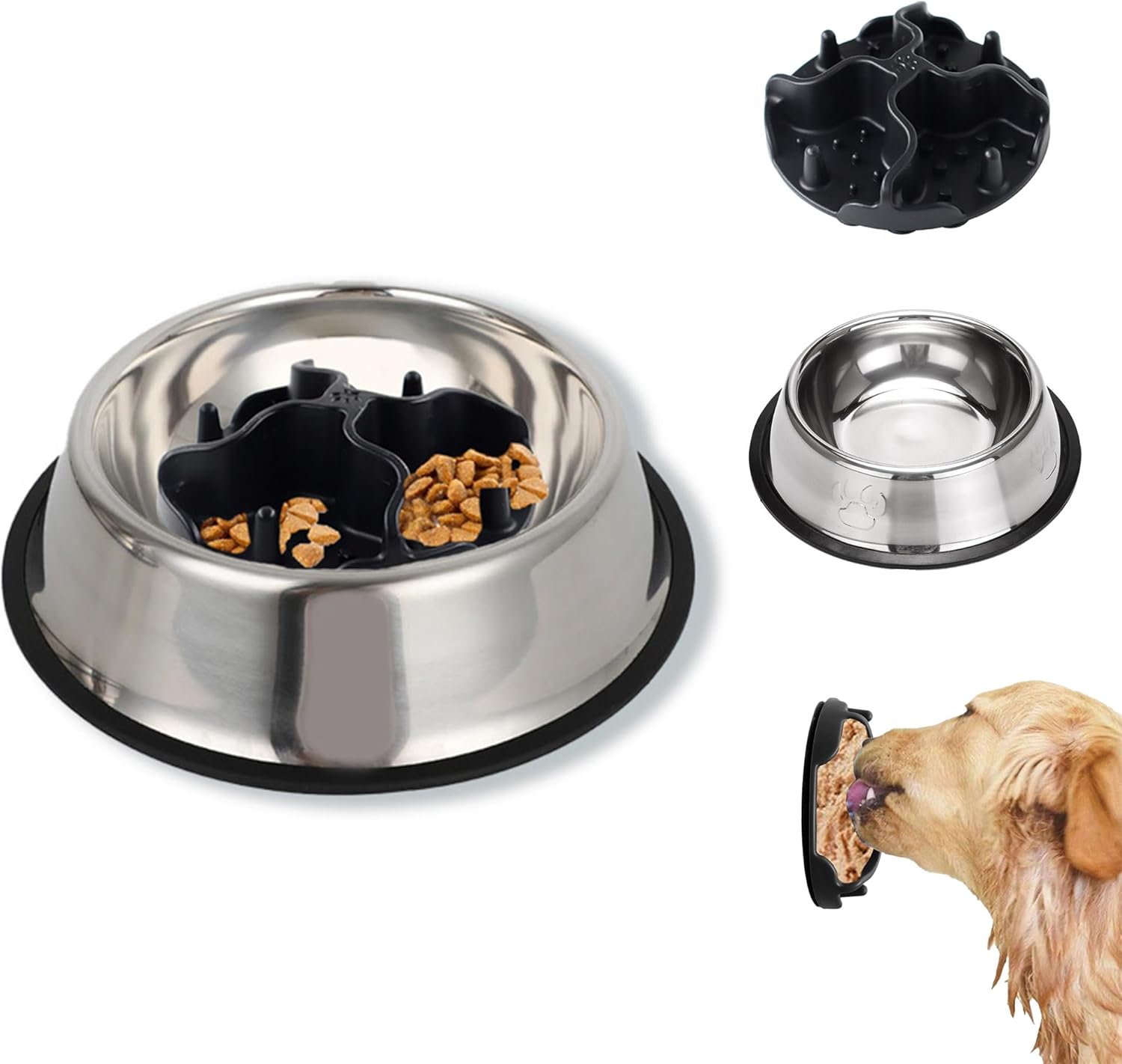 Elevated Dog Bowls Raised Pet Bowl Natural Bamboo Stand with 2 Stainless Steel &1 Slow Feeder Food Bowls Non-Slip Dog Feeder for Puppy Small Dogs and Cats